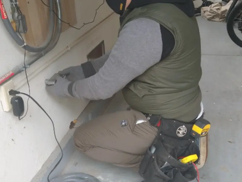 Electrician performing outlet wiring in a Johnson garage